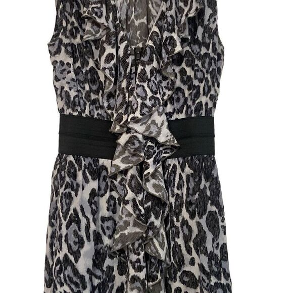 Charlie Jade 100% Silk Black Gray Leopard Ruffle Zip Sleeveless Dress Size Small - Picture 4 of 12